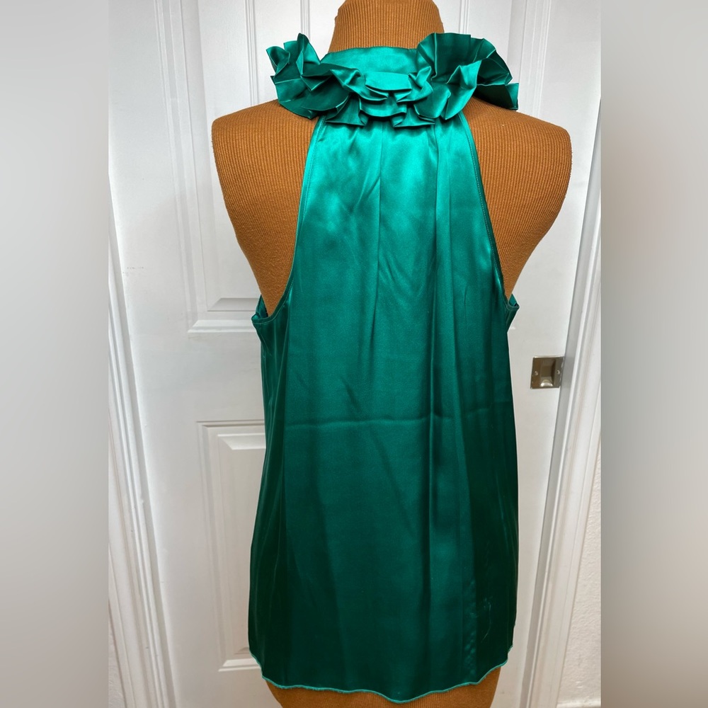 Matty M Ruffled Collar Sleeveless Green Silk Top Size Medium - Picture 3 of 8